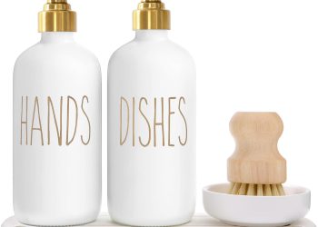 MOMEEMO Gold Soap Dispenser Set Comes with Stainless Steel Pumps, Instant Dry Tray, and Dish Scrub