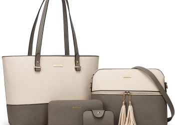 Women Fashion Synthetic Leather Handbags Tote Bag Shoulder Bag Top Handle Satchel Purse Set 4pcs