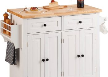 VEVOR Kitchen Island Cart with Solid Wood Top, 35.4″ Width Mobile Carts with Storage Cabinet,