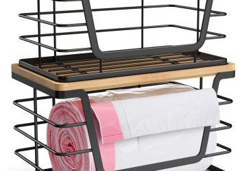 2 Pack Storage Stackable Kitchen Laundry Organizers with Bamboo Top, Wall Mount Large Trash Bag