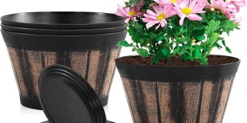 Quarut 8 inch Brown Plastic Whiskey Barrel Plant Pots Set of 4 with Drainage Holes and Saucer for