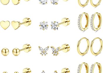 Jstyle Hypoallergenic Surgical Steel Earrings for Sensitive Ears 14K Gold Flat Back Earrings for