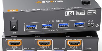 Dual Monitor KVM Switch 2 Port 8K@60Hz 4K@144Hz HDMI+DP USB 3.0 Switch Extended Display 2 Monitors