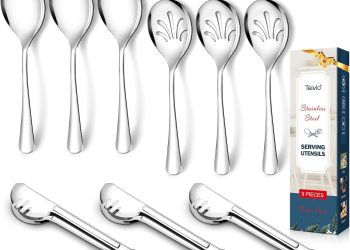 Teivio Stainless Steel Metal Serving Utensils – Large Set of 9-10″ Spoons, 10″ Slotted Spoons, and