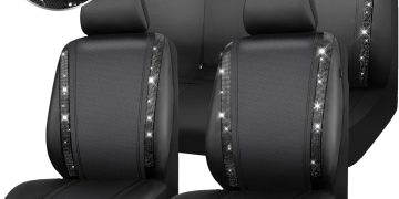 CAR PASS Leather Bling Diamond Car Seat Covers Full Set, Shining Rhinestone Waterproof Durable Rear