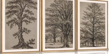 HOURIA Neutral Tree Sketch Framed Canvas Wall Art Set,Dark Retro Botanical Wall Decor,Vintage Tree