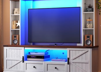 Entertainment Center with 2 LED Lights & Power Outlets, Large Farmhouse Wall Unit Entertainment Cen…