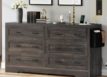 DWVO Farmhouse 6 Drawer Dresser for Bedroom, 59″ Wide Large Modern Dresser TV Stand with Drawers &