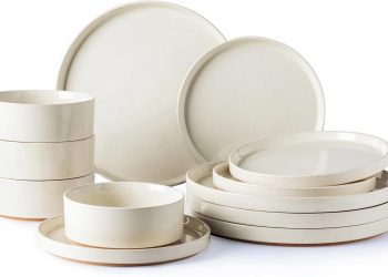 AmorArc Ceramic Dinnerware Set for 4 | Speckled Stoneware Plates and Bowls with unglazed terracotta