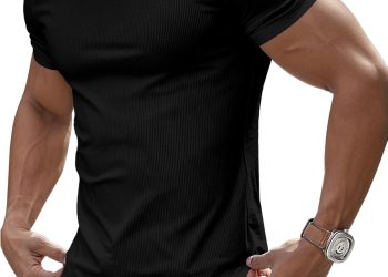 JMIERR Men’s Muscle V-Neck T Shirt Short Sleeve Longline Ribbed Henley Shirt Gym Workout Athletic T
