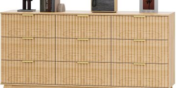 Fluted Dresser for Bedroom with 9 Drawers, 57″ Mid Century Modern Dresser of Closet TV Stand, Natur…