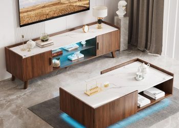 Modern Coffee Table & 65″ TV Stand Set of 2, LED Entertainment Center with Power Outlets/Hidden