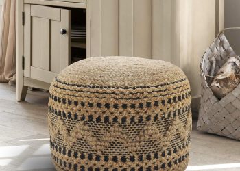 LR Home Tan/Black Round Ottoman Pouf for Home Decor | Striped Hand-Woven Jute Cotton Blend Round
