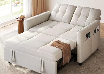 YITAHOME 55″ Convertible Sofa Bed, 3-in-1 Sleeper Sofa with Iron Frame Pull-Out Bed, Linen Futon